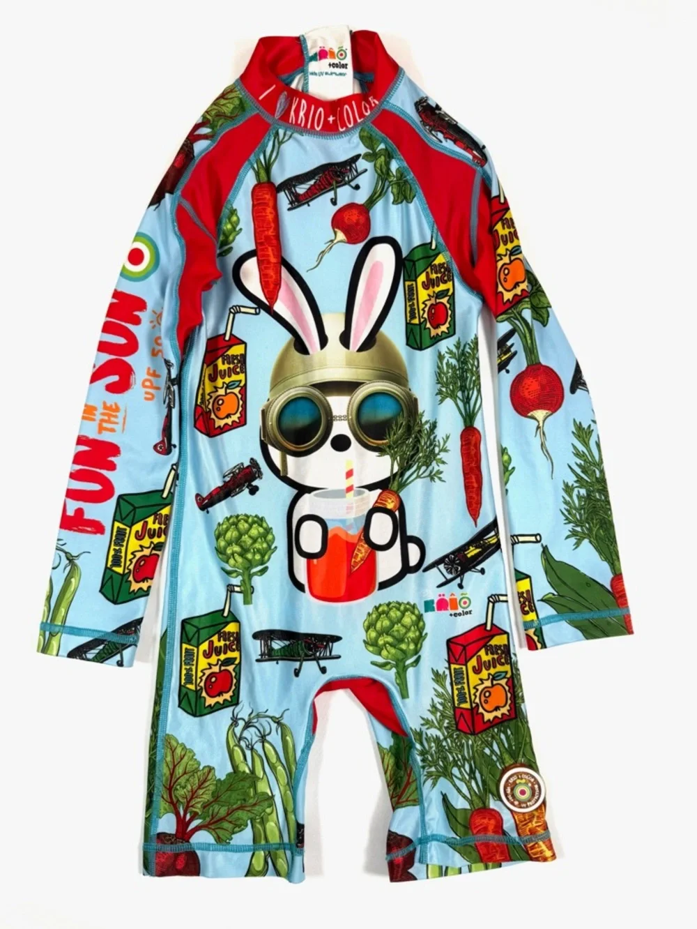 KRIO‎ + COLOR Kids Swimsuit Size 4-6 Multicolor Bunny Long Sleeve Rash Guard UPF